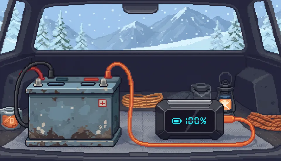 눈 덮인 겨울 차박지에서 트렁크에 놓인 낡고 무거운 납산 배터리와 세련된 디지털 디스플레이가 장착된 최신형 인산철 파워뱅크의 비교 모습