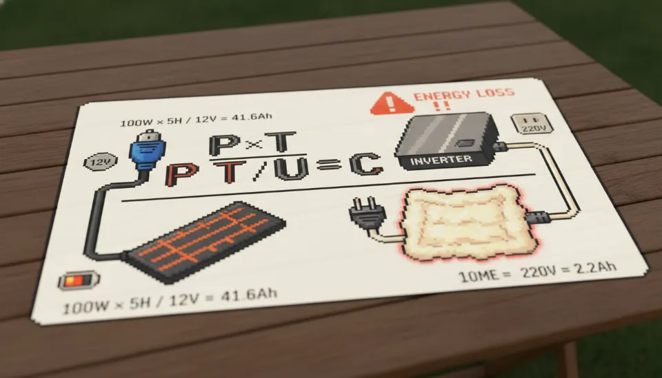 캠핑 테이블 위에 투사된 전력 소비 계산 공식 인포그래픽, 12V 시거잭에 연결된 카본 매트와 220V 인버터에 연결되어 에너지 손실 경고등이 뜬 가정용 전기요의 시각적 비교