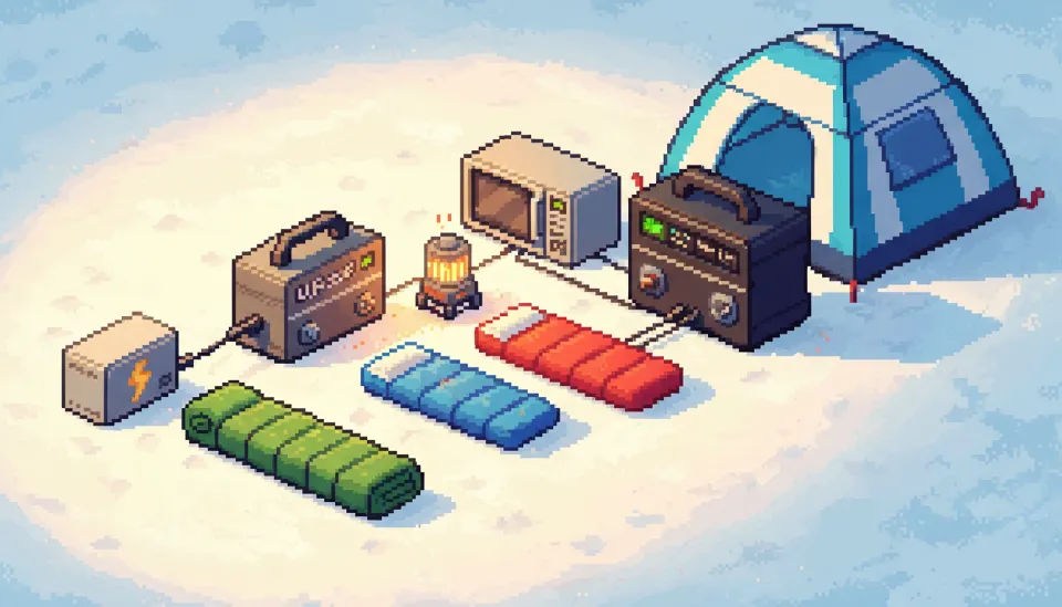 눈 위에 나란히 놓인 세 가지 용량의 인산철 파워뱅크, 100Ah 옆에는 1인용 침낭, 200Ah 옆에는 커플 난방 세팅, 280Ah 대용량 배터리 옆에는 전자레인지와 대형 텐트가 설치된 모습