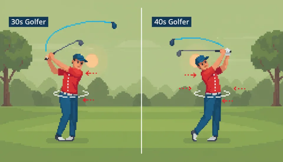 30대와 40대 골퍼의 스윙 회전량과 유연성 차이를 비교하여 비거리 감소 원인을 설명하는 인포그래픽