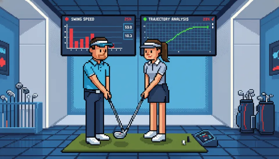 골프 피팅 센터에서 스윙 스피드 분석 데이터를 기반으로 최적의 샤프트 강도를 추천받는 모습