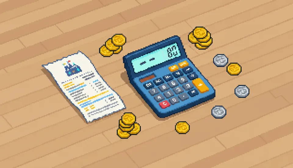 디즈니 플러스 연간 이용권 영수증과 계산기, 그리고 동전이 놓여 있어 중도 해지 시 환불금 차감 계산 방식을 시각적으로 설명하는 이미지