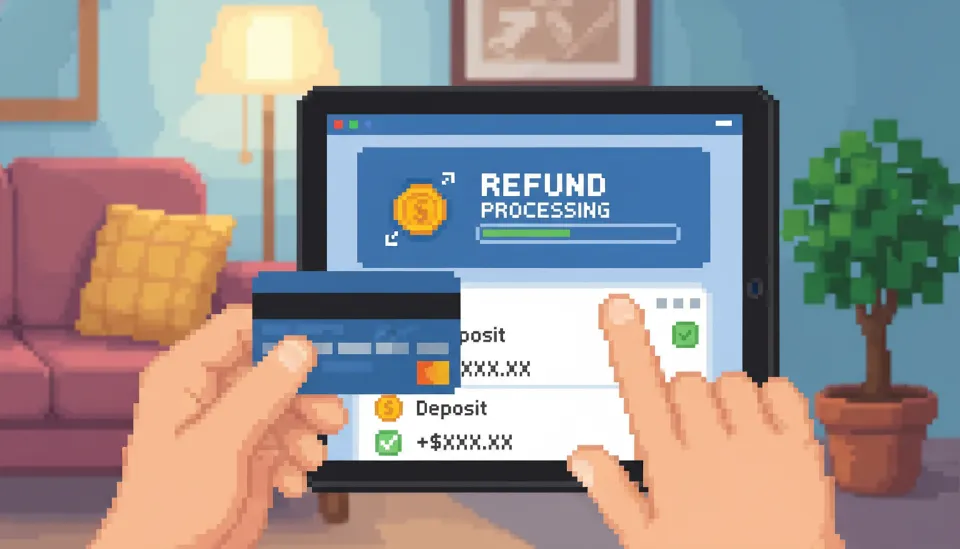 태블릿 화면의 환불 처리 알림과 은행 앱의 결제 취소 내역을 확인하며 신용카드를 들고 있는 사용자의 모습