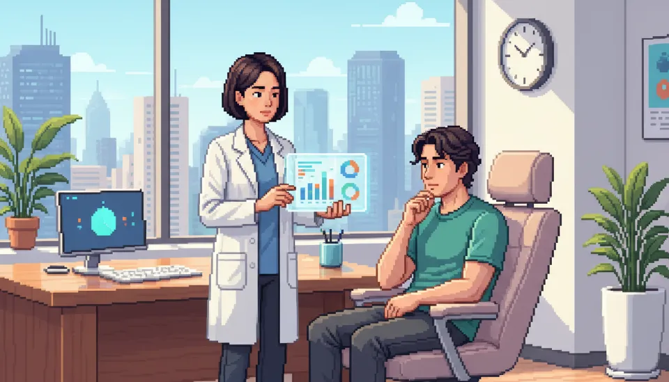 2026년 한국의 현대적인 정신과 진료실에서 의사가 환자에게 태블릿으로 건강보험 적용 기준을 설명하는 모습