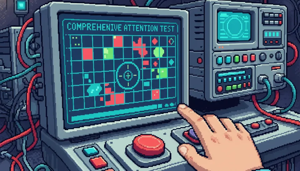 컴퓨터 화면에 표시된 CAT 종합주의력검사 인터페이스와 반응 버튼을 누르려는 피검자의 손 클로즈업