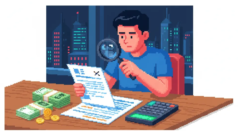 보험 약관의 정신과 질환 보상 항목을 돋보기로 꼼꼼히 확인하며 계산기를 두드리는 모습