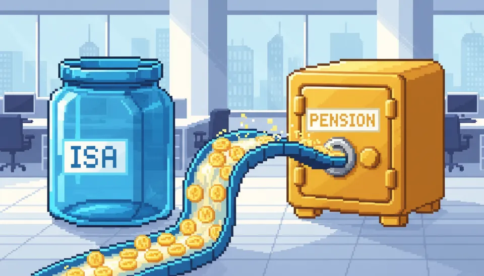 ISA 계좌에서 연금 금고로 금화가 다리를 타고 이동하며 자금이 전환되는 과정을 묘사한 3D 금융 일러스트