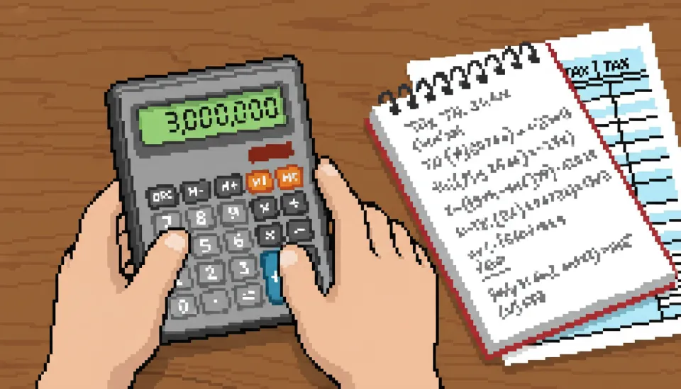 계산기 화면에 300만 원이라는 숫자가 녹색으로 표시되어 있고 옆에 세금 절약 계산식이 적힌 노트가 놓인 책상 위 모습