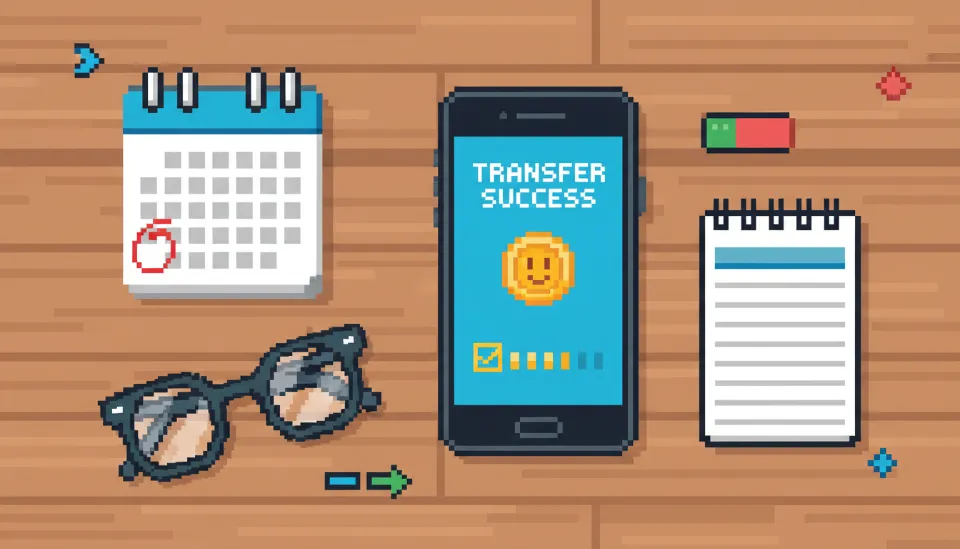 스마트폰 뱅킹 앱에서 이체 성공 알림이 떠 있고 옆에 빨간색으로 마감일이 표시된 달력과 안경이 놓인 모습