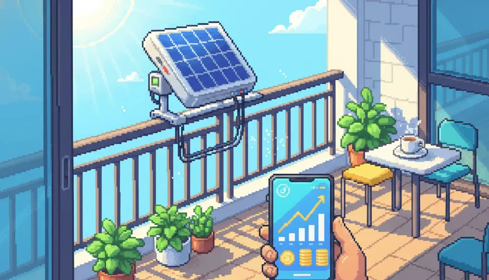 한국 아파트 베란다에 설치된 최신형 미니 태양광 패널과 스마트폰 앱으로 실시간 전기 절약량을 확인하는 모습