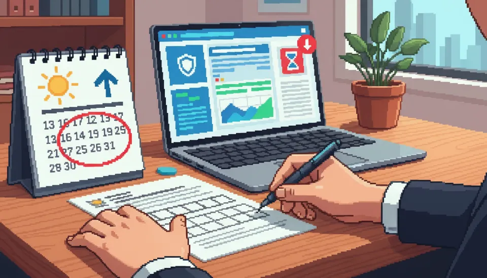 2026년 태양광 보조금 신청 서류를 작성하는 손과 달력의 마감일 표시, 지자체 홈페이지 화면