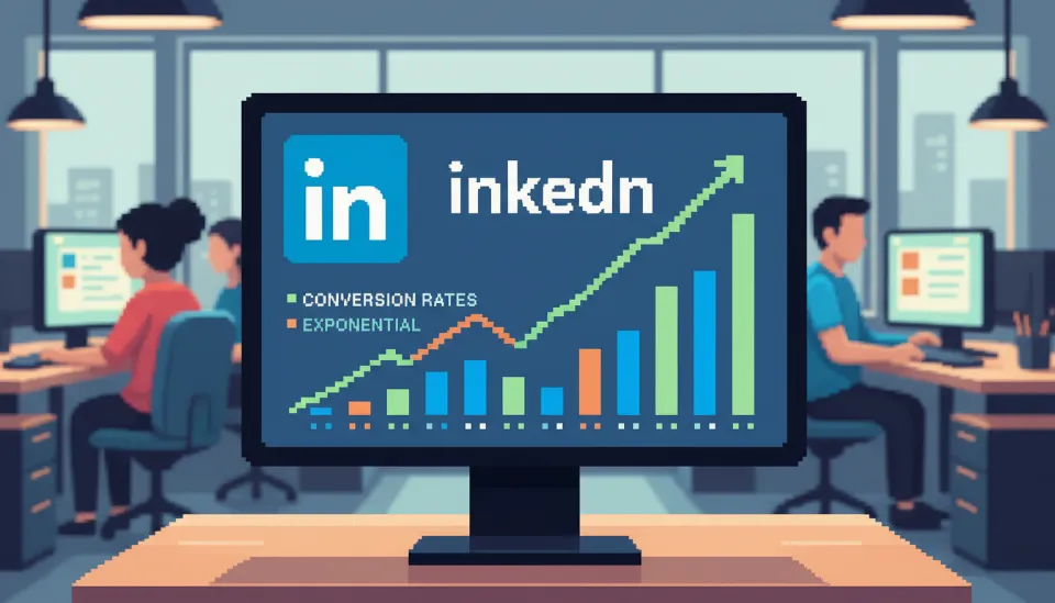 상승하는 그래프와 높은 전환율 지표가 표시된 링크드인 광고 관리자 대시보드 화면