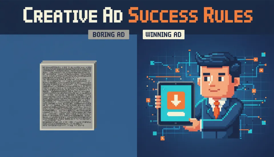 텍스트 위주의 지루한 광고와 사람 이미지가 포함된 고효율 백서 다운로드 광고 소재의 비교 이미지