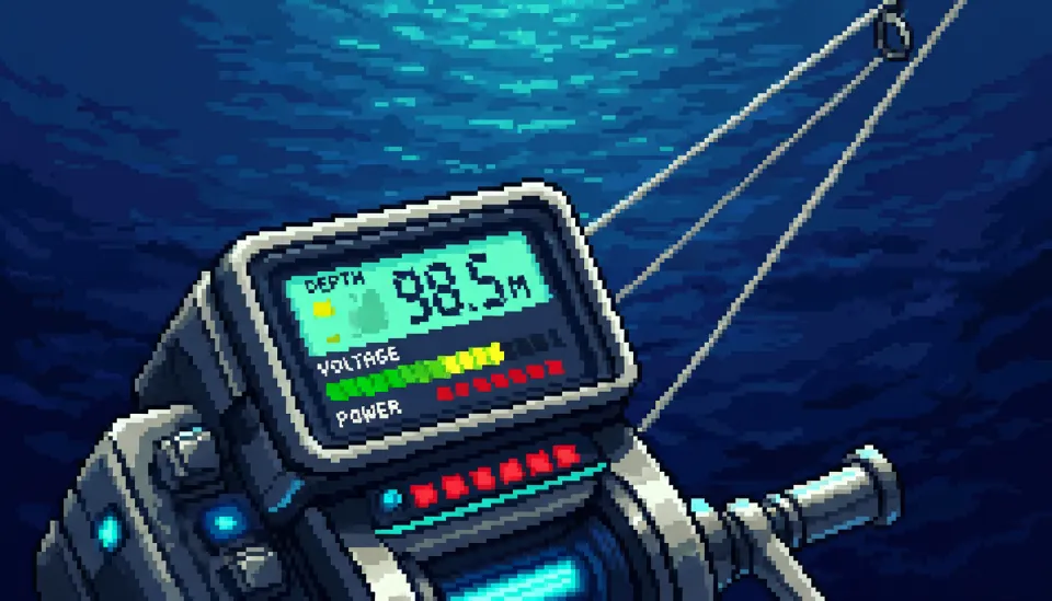 수심 98.5m에서 부하가 걸린 상태로 작동 중인 전동릴의 LCD 화면과 긴장감 넘치는 낚싯줄의 모습