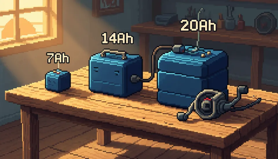 낚시용 배터리 용량별(7Ah, 14Ah, 20Ah) 크기 비교 및 전동릴 연결 예시 이미지