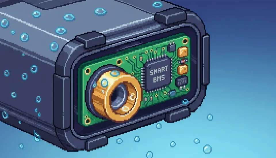 방수 처리가 된 배터리 케이스 단면도와 스마트 BMS 회로, 금도금 단자의 디테일한 모습