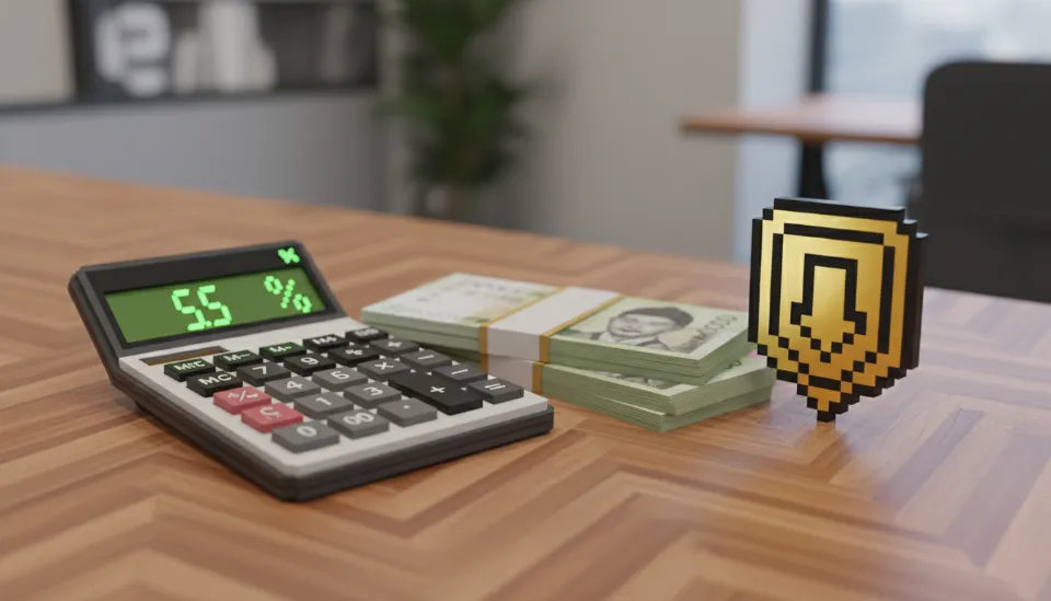 나무 책상 위에 놓인 계산기에 10퍼센트와 300만원이라는 숫자가 표시되어 있고 옆에 한국 원화 지폐 뭉치가 놓여 있는 금융 절세 컨셉 이미지