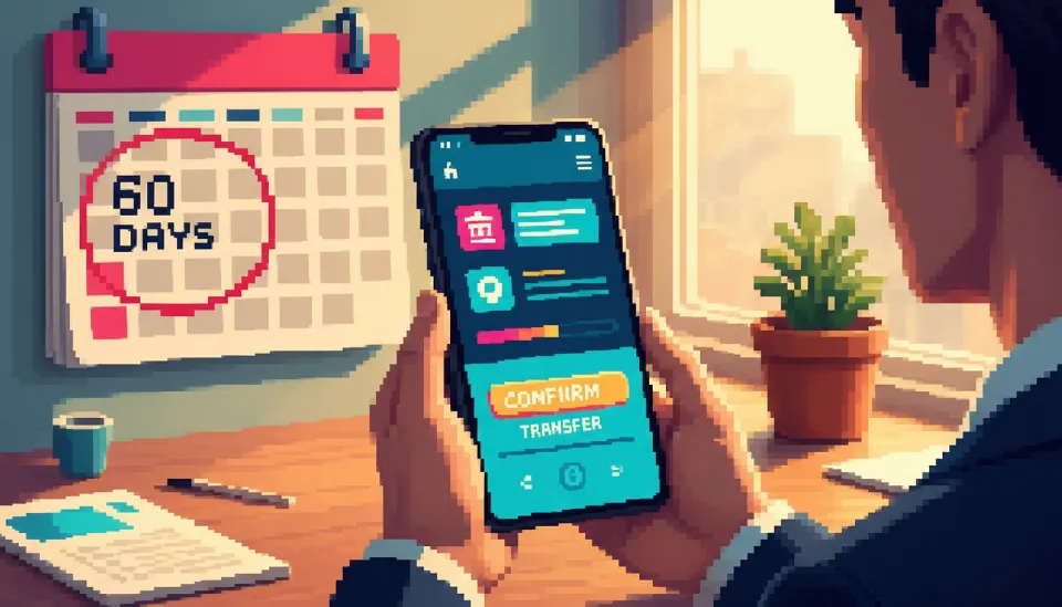 스마트폰 뱅킹 앱 화면에서 연금 전환 확인 버튼을 누르는 손과 배경에 60일 이내 기간이 표시된 달력이 있는 모습