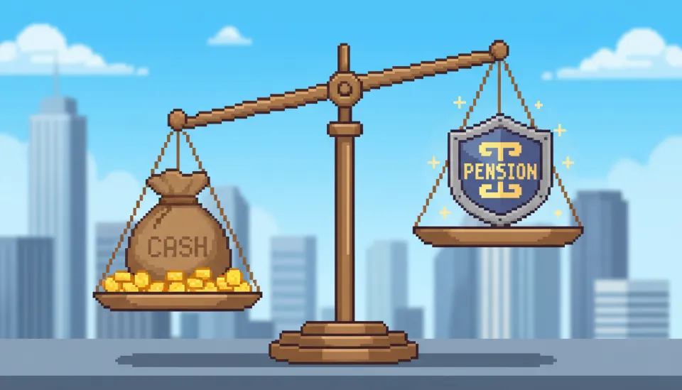 현금 유동성과 연금의 세제 혜택 사이의 균형을 보여주는 천칭 저울 이미지와 흐릿한 도시 배경
