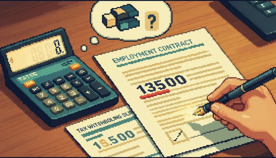 원목 책상 위 근로계약서의 연봉 총액 숫자를 펜으로 가리키며 계산기로 두드려보는 모습