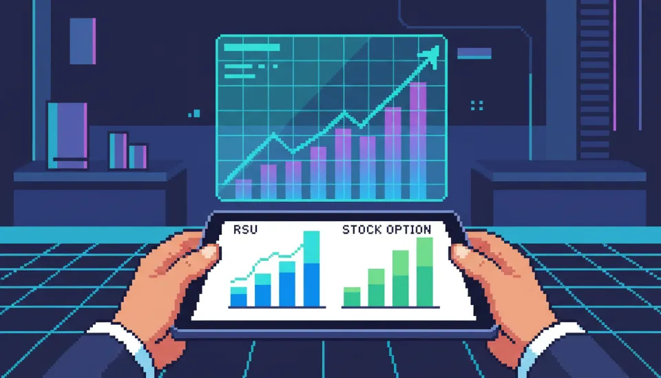 태블릿 화면에 RSU와 스톡옵션 성장 그래프가 홀로그램으로 떠올라 상승 곡선을 그리는 모습