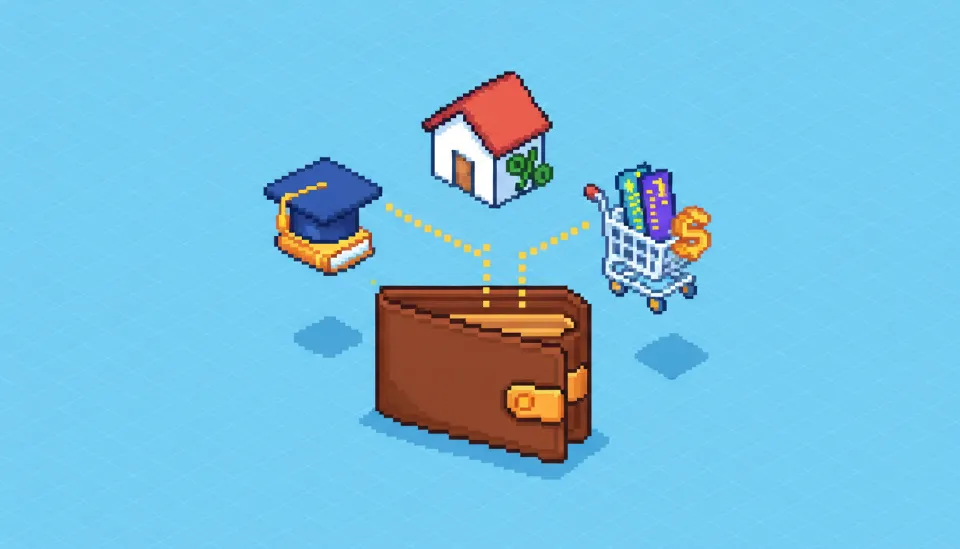 지갑 위로 떠 있는 학자금, 주택 대출 이자 지원, 복지 포인트 아이콘이 그려진 3D 일러스트