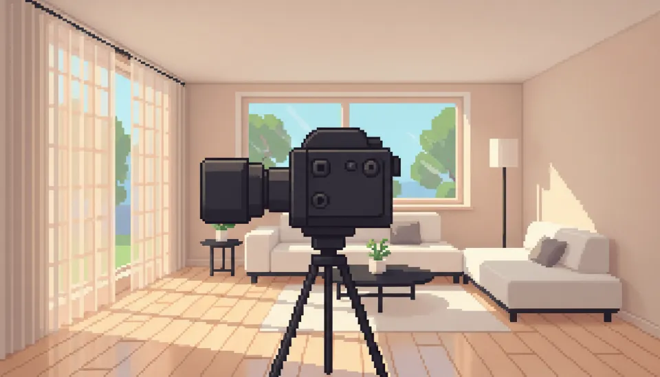 삼각대 위에 거치된 풀프레임 미러리스 카메라가 좁은 모던 거실을 넓고 쾌적하게 촬영하고 있는 모습, 창문을 통해 들어오는 자연광이 공간감을 더해줌