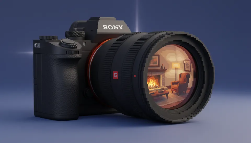 소니 알파 카메라 바디에 장착된 FE 16-35mm F2.8 GM II 렌즈의 클로즈업 사진, 렌즈 알에 실내 인테리어 풍경이 반사되고 있으며 G 마스터 로고가 돋보임