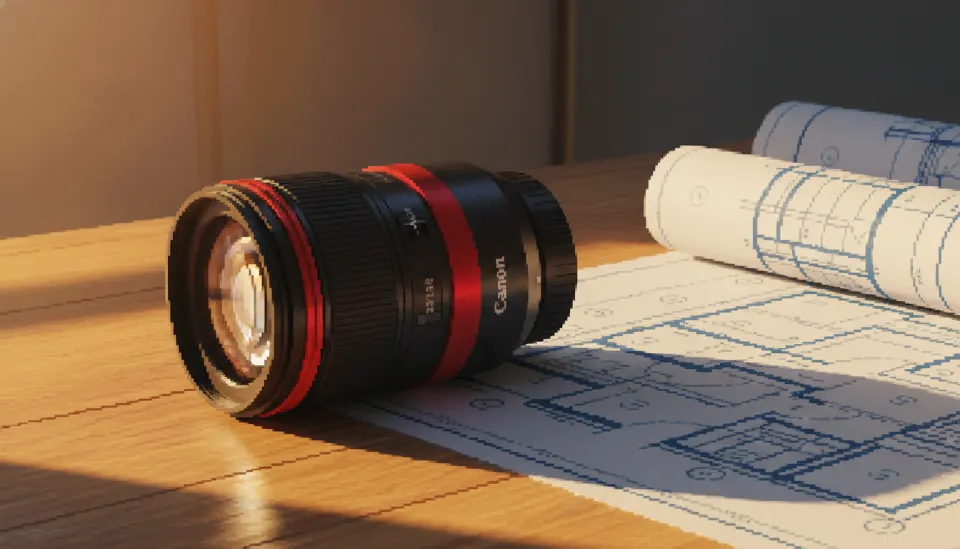 건축 도면 옆 나무 테이블 위에 놓인 캐논 RF 15-35mm F2.8L IS USM 렌즈, 따뜻한 조명 아래 L 렌즈 특유의 빨간 띠가 강조된 모습