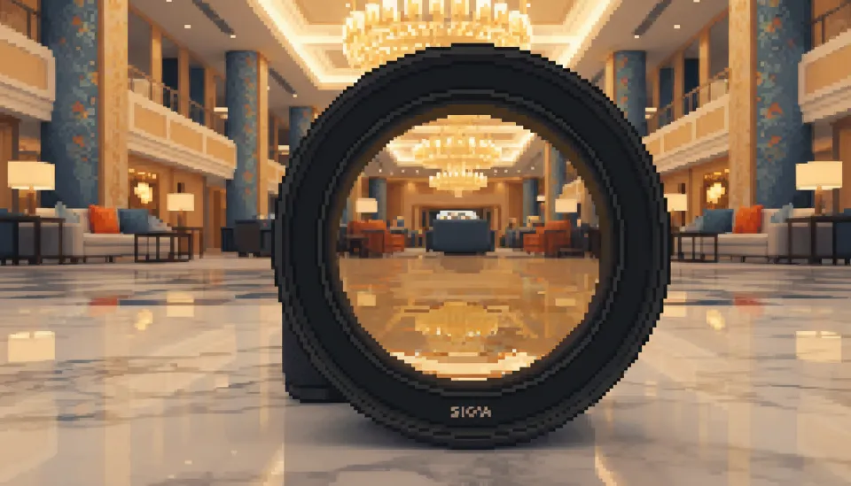 고급 호텔 로비 바닥에 낮게 배치되어 광각 촬영을 준비 중인 시그마 14-24mm F2.8 DG DN Art 렌즈, 볼록한 대물 렌즈의 형태가 돋보임
