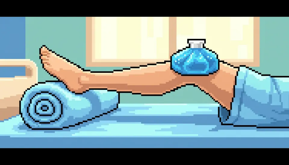 발목 아래에 수건을 받쳐 무릎을 공중에 띄우고 중력을 이용해 무릎 관절 완전 신전 운동을 하고 있는 재활 환자의 다리 모습