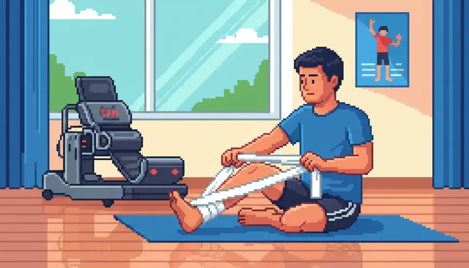 요가 매트 위에서 수건을 발바닥에 걸고 양손으로 당기며 무릎 굴곡 각도를 늘리는 힐 슬라이드 재활 운동을 하는 모습