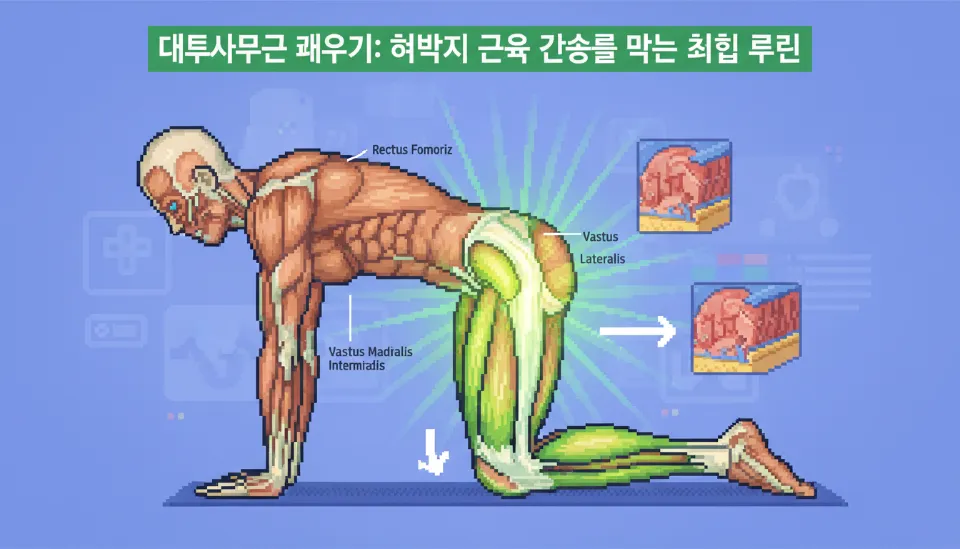 다리를 펴고 앉아 대퇴사두근에 힘을 주어 무릎 뒤쪽을 바닥에 밀착시키는 쿼드 세트 근력 운동 중 근육의 수축을 시각화한 이미지