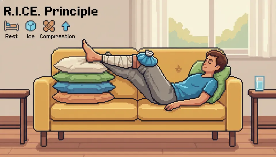 소파에 누워 수술한 다리를 쿠션 위에 올려 심장보다 높게 유지하며 무릎에 냉찜질을 하고 있는 부종 관리 및 휴식 모습