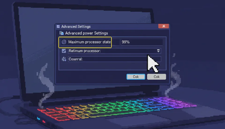 윈도우 고급 전원 관리 옵션 설정 창에서 최대 프로세서 상태를 99퍼센트로 변경하여 노트북 발열을 제어하는 화면