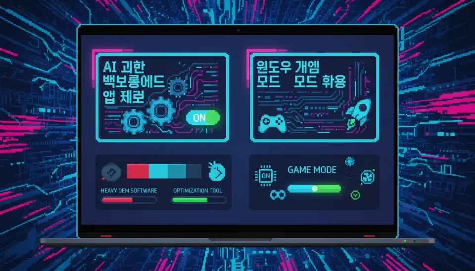 윈도우 설정 메뉴에서 게임 모드를 활성화하여 백그라운드 프로세스를 정리하고 게이밍 성능을 최적화하는 사용자 인터페이스