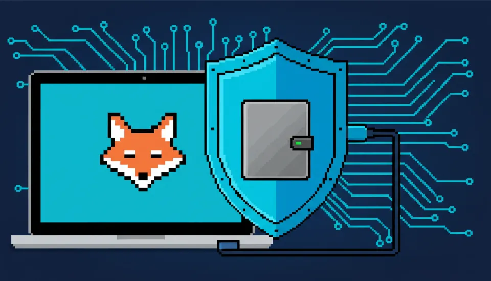 메타마스크 로고가 띄워진 노트북과 연결된 레저 나노 X 하드웨어 월렛이 디지털 방패로 보호받고 있는 3D 보안 개념도