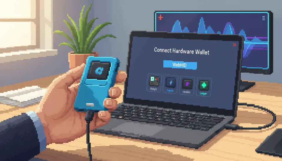 노트북 화면의 메타마스크 하드웨어 월렛 연결 메뉴에서 WebHID 옵션을 선택하고 USB 케이블로 레저 기기를 연결하는 모습