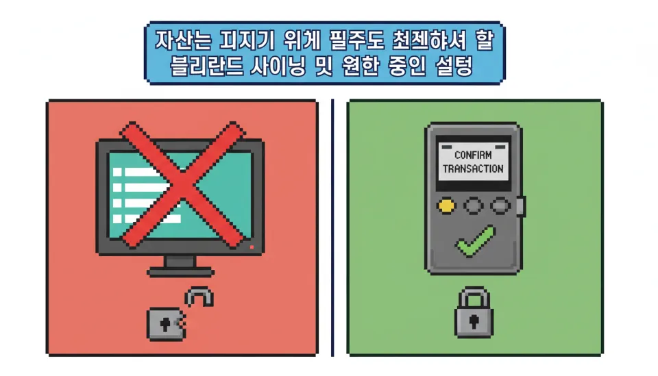 컴퓨터에 시드 구문을 입력하지 말라는 경고와 레저 기기 물리 버튼으로 트랜잭션을 승인하는 올바른 보안 절차 비교 인포그래픽