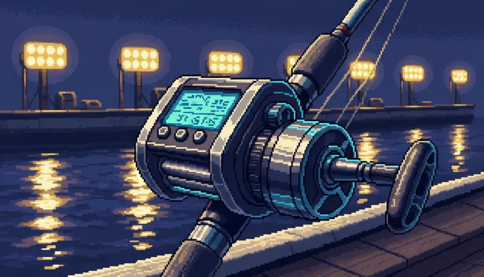 어두운 밤바다 위 낚싯배 데크에서 밝게 빛나는 디지털 수심계가 장착된 고성능 은색 전동릴의 측면 디테일 샷