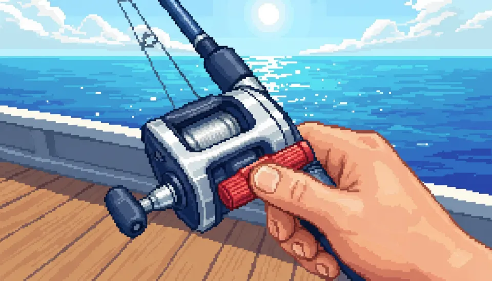 낚시꾼이 엄지손가락으로 전동릴의 속도 조절 조그 레버를 조작하며 한 손으로 낚싯대를 파지하고 있는 인체공학적 모습