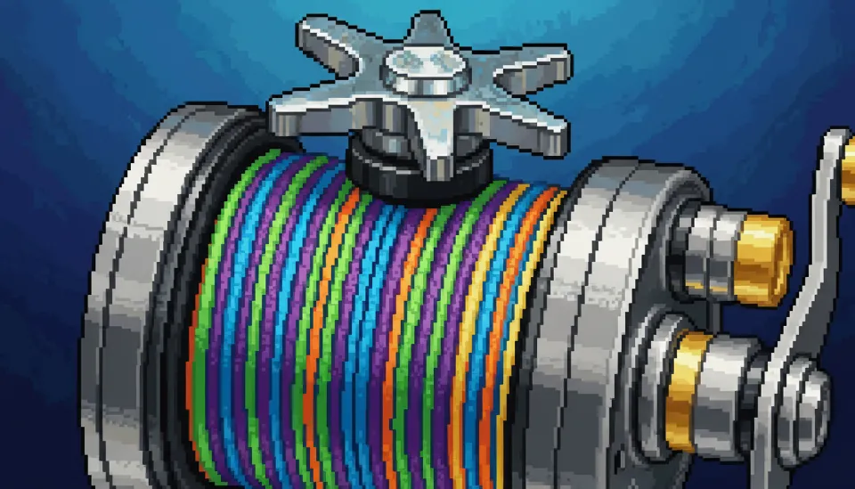 전동릴 스풀에 촘촘하게 감겨 있는 다색 합사 라인과 정밀한 드랙 조절을 위한 스타 드랙 노브의 클로즈업 이미지