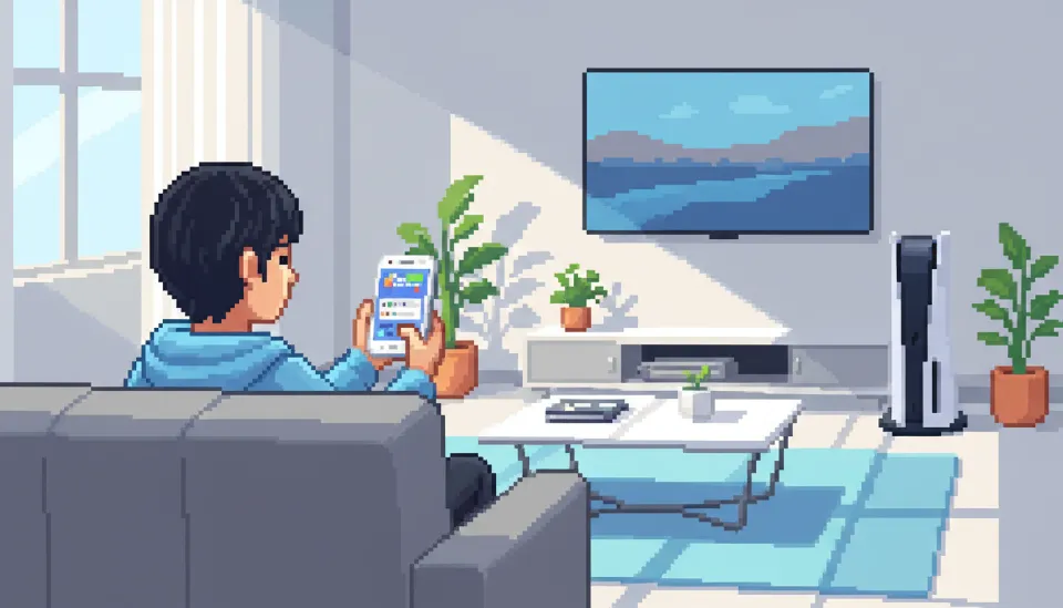 아이폰 설정 메뉴 상단에 애플티비 플러스 무료 체험 알림 배너가 떠 있는 모습과 배경에 흐릿하게 보이는 PS5 콘솔