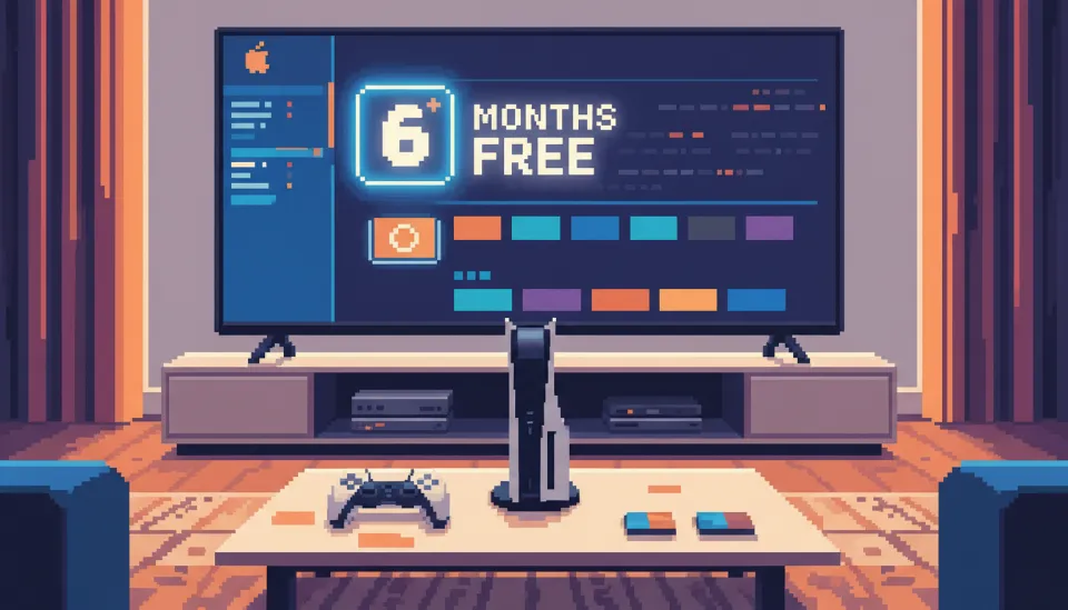 거실 TV 화면에 플레이스테이션5를 통해 접속한 애플티비 앱에서 6개월 무료 혜택 문구가 표시된 모습
