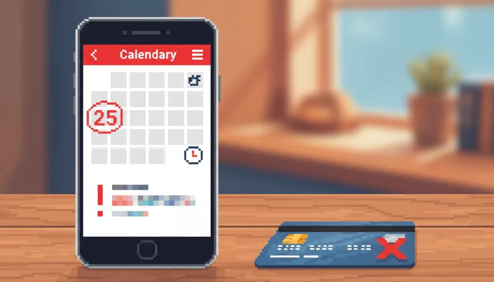 스마트폰 캘린더 앱에 애플티비 구독 해지 알람이 설정된 화면과 옆에 놓인 신용카드 이미지
