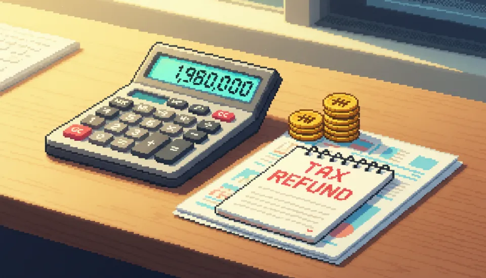 계산기 화면에 198만 원이라는 숫자가 표시되어 있고 옆에 한국 원화 동전이 쌓여 있어 세금 환급액 증가를 보여주는 이미지