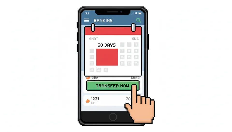 스마트폰 뱅킹 앱 화면에 60일 기간이 강조된 달력 팝업과 이체하기 버튼을 누르려는 손가락 모습