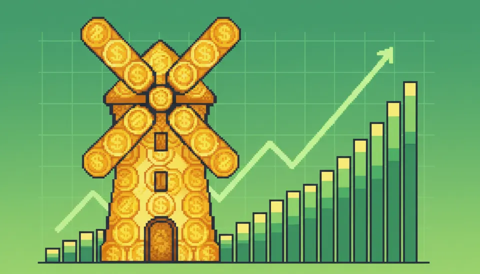 금화와 금융 차트로 이루어진 풍차 모양의 일러스트로 ISA 풍차 돌리기 재테크 전략을 형상화한 이미지