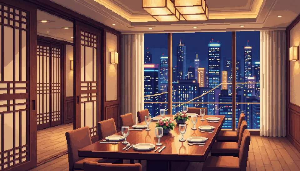 은은한 조명 아래 고급스러운 원목 테이블과 정갈한 식기류가 세팅된 강남역 인근 하이엔드 프라이빗 다이닝 룸의 내부 전경