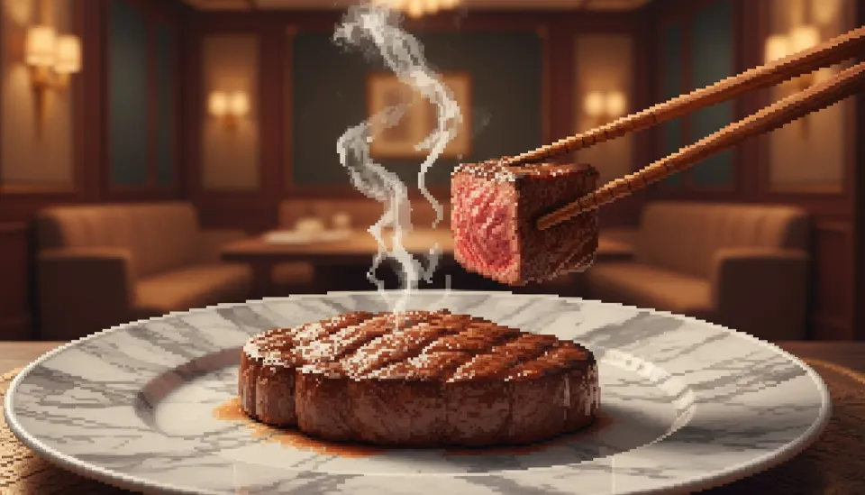 최상급 마블링이 돋보이는 한우 구이가 고급스러운 접시에 담겨 제공되는 모습과 아웃포커싱된 프라이빗 룸 배경